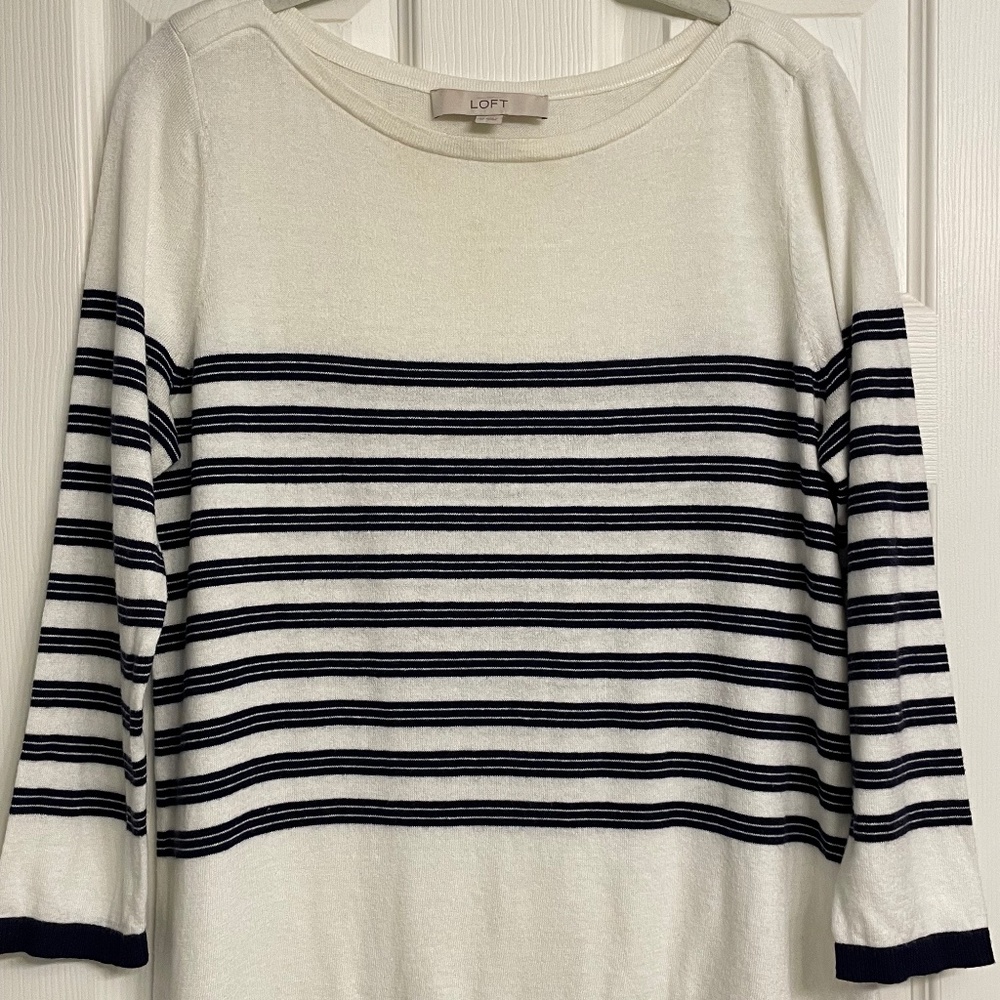LOFT Off White/Navy Striped Sweater